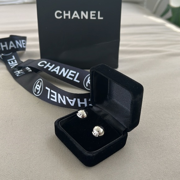 Authentic Chanel silver ball earrings with Chanel logo. - Picture 5 of 11